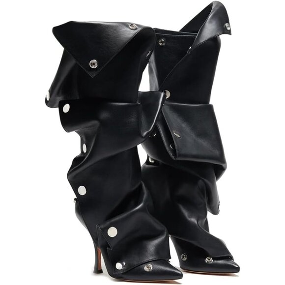 🆕Women Black Knee High Stiletto Pointed Toe High Heels Wide Calf Slouchy Boots - Picture 1 of 6